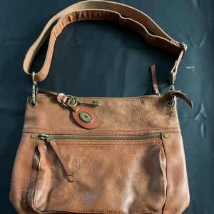 Fossil Long Live Vintage Brown Leather Cross Body Embroidered Floral Bag